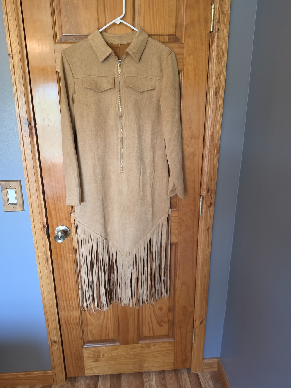 Tan Suede Fringe Jacket Coat with Front Zip